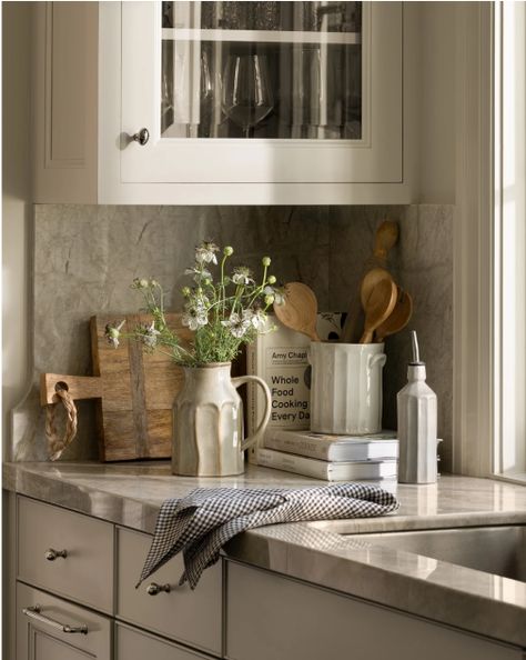 Winter 2024 Collection Refined Rustic Kitchen, Mcgee And Co Kitchen, Kitchen Styling Countertops, Kitchen Counter Styling, Pottery Barn Kitchen, European Kitchen Design, Parisian Kitchen, Sink Decor, Marble Countertops Kitchen