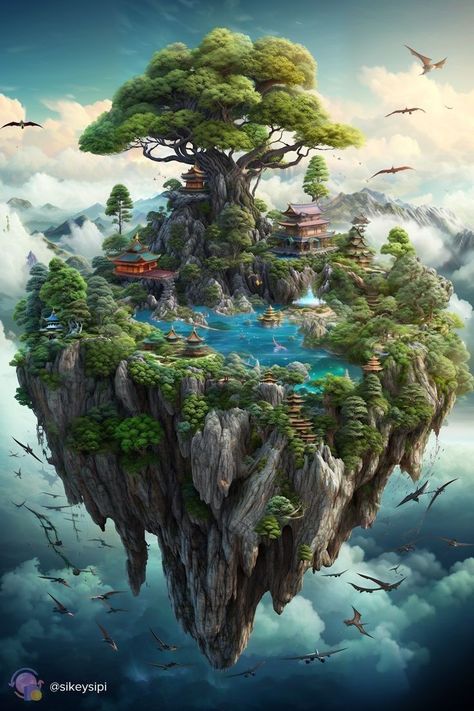 Fantasy Place Art, 3d Fantasy World, Illustration Art Landscape, Sky City, Art For Decor, 3d Landscape, Fantasy Island, Island Art, Fantasy City