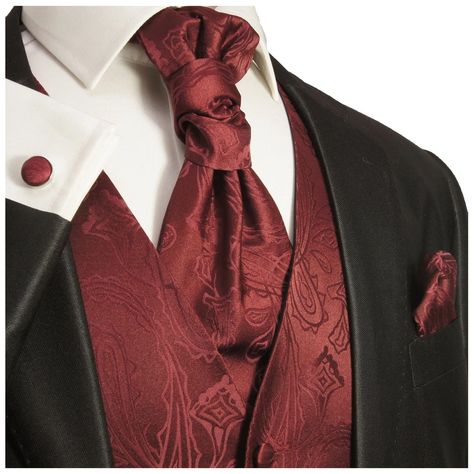 Burgundy Paisley Tuxedo Vest Set. This Vest Set includes Tuxedo Vest, Pocket Square and one pair of Cufflinks as well as your choice of Neckwear, choose between Necktie, pre-tied Cravat or Bow Tie. Made of 100% Microfiber . Imported. Maroon Tuxedo, Paisley Tuxedo, Red Tuxedo, Wedding Vest, Formal Vest, Tuxedo Vest, Maroon Wedding, Blue Tuxedos, Vest Set