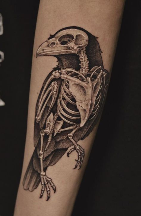 Weird Dark Tattoos, Dark Bird Tattoo, Edgy Tattoos Grunge, Bird Skull Tattoo, Bone Tattoos, Wicked Tattoos, Crow Tattoo, Skeleton Tattoos, Raven Tattoo