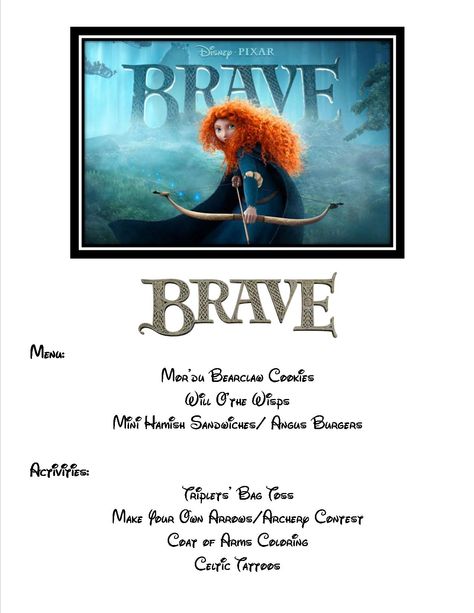 Menu and activities for a "Brave" Family Movie Night! Brave Themed Dinner, Brave Dinner And A Movie, Movie And Dinner Ideas, Brave Movie Night, Disney Themed Dinner, Disney Dinner And Movie Night, Disney Nights, Movie Meals, Disney Meals