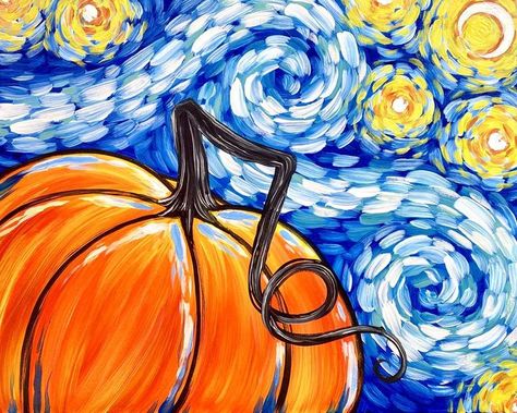 Pumpkin Art On Canvas, Starry Night Pumpkin Painting, Canvas Pumpkin Painting, Fall Drawing Ideas Autumn, Thanksgiving Painting Ideas, Starry Night Pumpkin, Fall Acrylic Painting Ideas, Pumpkin Painting Ideas Canvases, Easy Fall Paintings