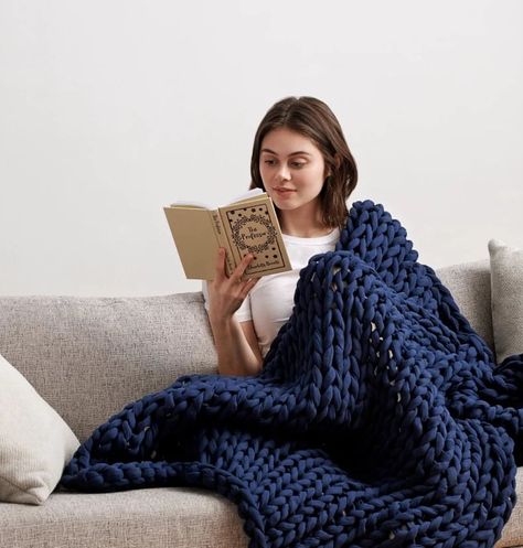 A Weighted Blanket: Bearaby Cotton Napper Knitted Weighted Blanket Best Weighted Blanket, Heavy Blanket, Knit Throw Blanket, Organic Cotton Yarn, Cozy Throw Blanket, Cozy Throws, Weighted Blanket, Knitted Throws, Knitted Blankets