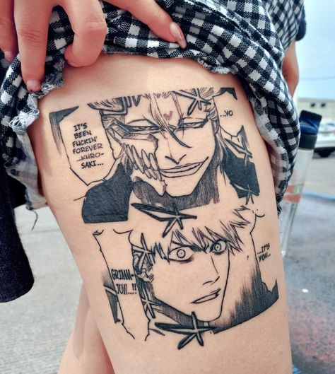 Bleach Manga Tattoo, Ichigo Kurosaki Tattoo, Ichigo Tattoo Ideas, Ichigo Manga Panel, Grimmjow Tattoo, Ichigo Tattoo, Grimmjow X Ichigo, Bleach Anime Tattoo, Bleach Tattoo Ideas