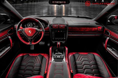 Porsche Cayenne with Red Crocodile Interior Black Car Red Interior, Porsche Cayenne Interior, Red Interior Car, Dodge Challenger Red Interior, Lexus Interior, Interior Design Philippines, Chevy Accessories, Red Leather Car Interior, Red Leather Interior Cars