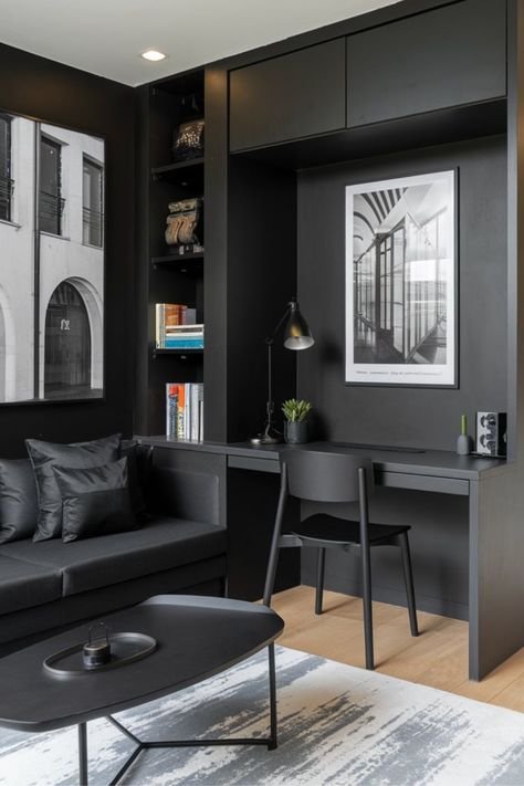 Transform your small space into a sleek, stylish retreat! 🌟 Discover 20 stunning modern black tiny living rooms that redefine elegance and efficiency. From bold accents to minimalist charm, these designs prove small can be truly spectacular. Ready to get inspired? Click to explore the full list! 🖤✨ #tinyhouse #tinyhome #homedecor #interiordesign #tinyhouseideas Single Apartment Ideas, Black Tiny House, Dorm Interior, Apartment Dark, Single Apartment, Small Apartment Design, Minimalist Room, Tiny House On Wheels, Tiny Living