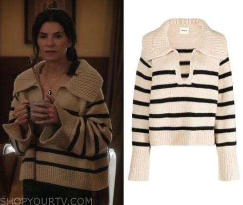 The Morning Show: Season 3 Episode 5 Laura's Striped Knit Sweater Alex Levy The Morning Show, Laura Peterson, Striped Oversized Sweater, Julianna Margulies, The Morning Show, Black Leather Blazer, Oversized Striped Sweater, Striped Knit Sweater, Morning Show