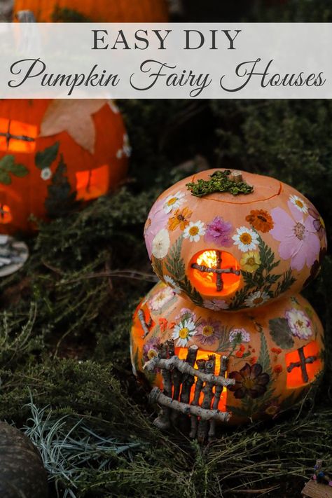 These easy DIY pumpkin fairy houses are fun to make and a perfect addition to our fairy garden! Visit Sugar Maple Farmhouse to learn how to make these pumpkin fairy houses and other pumpkin crafts. Fairy Pumpkin Painting, Fairy House Pumpkin Carving, Pumpkin Carving Fairy Houses, Fairy House Pumpkin Ideas, Soul Cakes Recipe, Diy Pumpkin Fairy House, Pumpkin Fairy House Diy, Fairy House Pumpkin, Pumpkin Fairy Garden