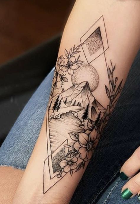 Nature Tattoo Forearm Women, Outdoors Tattoos For Women Sleeve, Outdoorsy Sleeve Tattoos For Women, Nature Upper Arm Tattoo, Unique Half Sleeve Tattoos Upper Arm, Womens Half Sleeve Tattoo Ideas Upper Arm, Mountain Tattoo Colorado, Mountain And Rose Tattoo, Half Sleeve Tattoos For Women Mountains