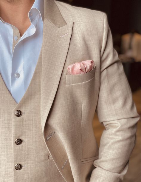 Sandy Beige Mens Wedding suit with pink pocket square. Antique Metal Button. White Polka Shirt with matching collar line Tan And Pink Suit Men, Beige And Pink Suit Men, Beige Suit With Pink Tie, Tan Suit Pink Shirt, Beige Suit Pink Tie, Wedding Suite Man, Champagne Suits For Men Wedding, Kali Outfit, Pink And Beige Wedding