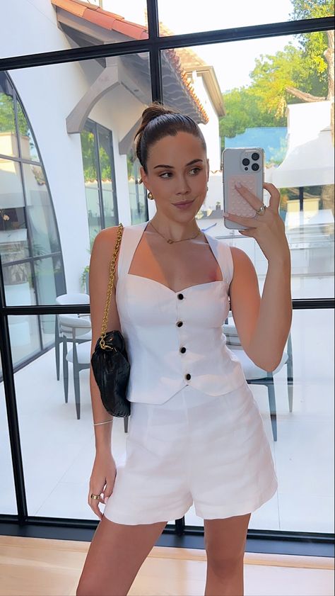 White linen button down vest with white linen shorts. Girl in slick back bun and black strappy sandals White Linen Two Piece Set, Linen Vest Set, Linen Set Outfit Summer, Summer Sets Outfits Two Pieces, Linen Set Women, Summer Set Outfits, Vietnam Clothing, Vietnam Tailor, Linen Set Outfit