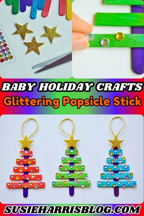 Glittering Popsicle Stick The glittering Popsicle stick is an easy and interesting craft, Supplies needed: Colored popsicle sticks Foam sticker stars Twine glue gun Sticker rhinestone Knife Colored Popsicle Stick Crafts, Baby Holiday Crafts, Popsicle Stick Ornaments, Popsicle Stick Christmas Crafts, Stick Christmas Tree, Holiday Crafts For Kids, Popsicle Stick Crafts, Teacher Things, Popsicle Stick