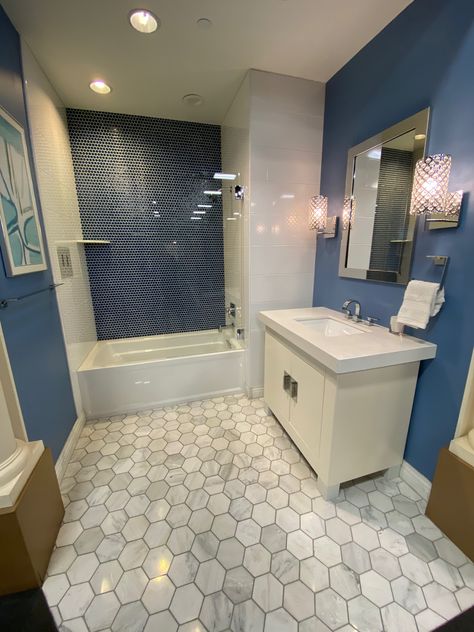 Blue Tile Accent Wall, Hexagon Floor Tile Shop Bathroom, Tile Accent Wall Bathroom, Hexagon Bathroom, Accent Bathroom, Accent Wall Bathroom, Tile Accent Wall, Hexagon Floor, Custom Home Build, Bathroom Blue