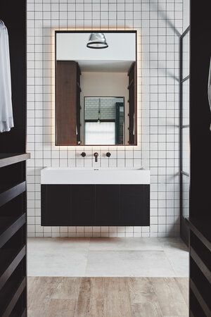 Dark Grout Bathroom, White Tiles Black Grout, Tile Wood Flooring, Transition Design, Flooring Transitions, White Square Tiles, Stone Tile Bathroom, Dark Grout, Blakes London