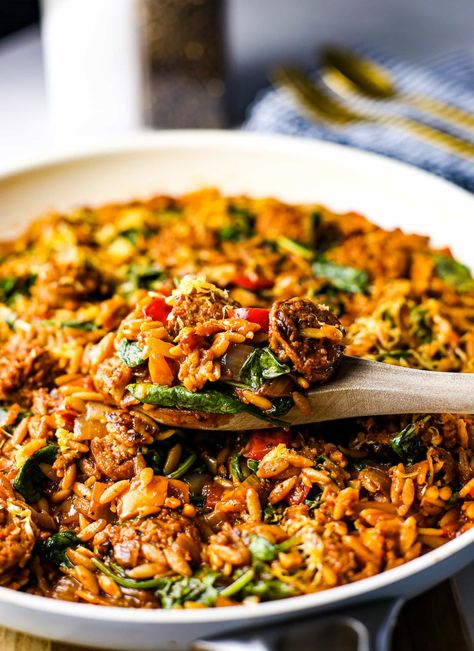 A simple and hearty one-pan pasta meal with delicious bites of Italian sausage, orzo, and tender vegetables all in a tasty marinara sauce. #yayforfood #pastarecipe #pasta #orzo #dinnerrecipes #sausage Italian Sausage And Orzo, Italian Sausage Orzo, Sausage And Orzo, Bulk Meals, Pasta Orzo, Sausage Orzo, Pan Pasta, Italian Sausage Recipes, Orzo Recipes