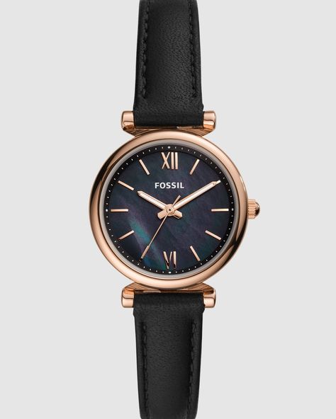 Fossil Carlie Mini Womens Analogue Watch Watches Black AU$149 Fossil Leather Watch, Black Leather Watch, Fossil Watch, Hand Watch, Fossil Watches, Leather Strap Watch, Women's Watch, Black Watch, Watches Jewelry