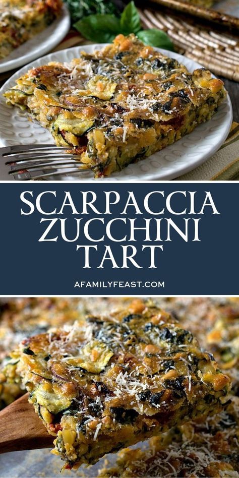 Scarpaccia Zucchini Tart - Scarpaccia is an Italian zucchini tart full of fantastic flavor! Scarpaccia Zucchini Tart Keto, Savoury Zucchini Recipes, Vegetable Forward Recipes, Scrappacia Zucchini, Zucchini Entree Recipes, Zucchini Scarpaccia Giada, Zucchini Slice Recipe, Savory Zucchini Recipes, Zucchini Main Dish Recipes