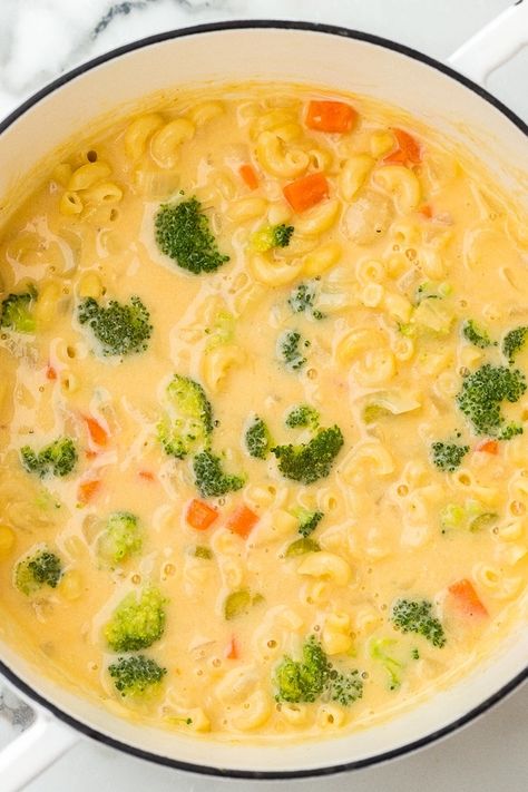 Macaroni and Cheese Soup with Broccoli is comfort food at it's best! It's a classic mac turned into and kid-friendly bowl of soup. #soup #macandcheesesoup #skinnytaste #macaroni #kidrecipes Cheesy Macaroni Soup, Macaroni And Cheese Chicken Soup, Macaroni Cheese Soup, Chicken Mac And Cheese Soup, Macaroni And Cheese Soup, Chicken Macaroni Soup, Soup With Broccoli, Mac N Cheese Soup, Kid Friendly Soup