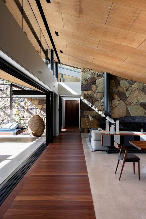 Plywood Ceiling, Plywood Interior, Australian Interior Design, Interior Design Awards, Stone Walls, Timber Flooring, Decoration Inspiration, Design Living Room, Lighting Ideas