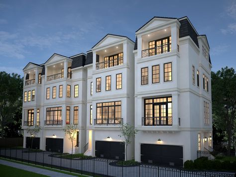 Four 4 story townhomes in Houston by Preston Wood & Assoc. Brownstone Homes, Townhouse Exterior, Modern Townhouse, Townhouse Designs, Row House, House Remodel, Plan Design, Tandem, House Floor Plans