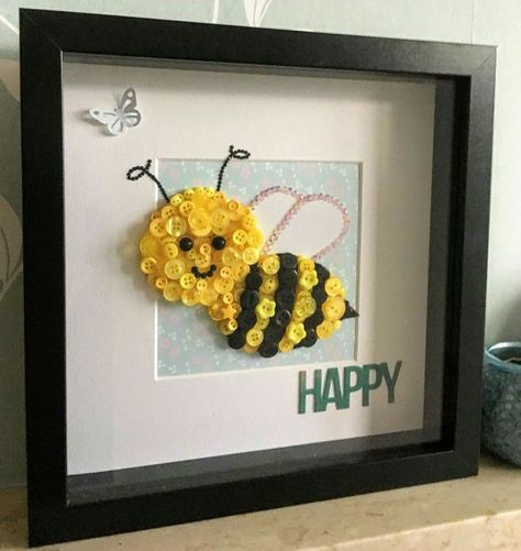 Bumble Bee Nursery, Button Crafts For Kids, Bumble Bee Decor, Button Art On Canvas, Vintage Buttons Crafts, Button Art Projects, Bee Room, Box Frame Art, Honey Bee Decor