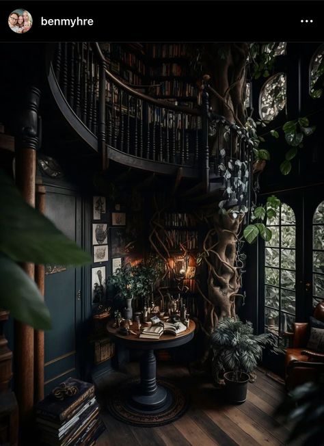 Modern Victorian Interior Design Bedroom, Gothic Style Home Interior Design, Dark Academia Houses, Dark Academia House, Home Library Aesthetic, Academia House, Vintage Maximalist Decor, Gothic Library, Gothic Interior