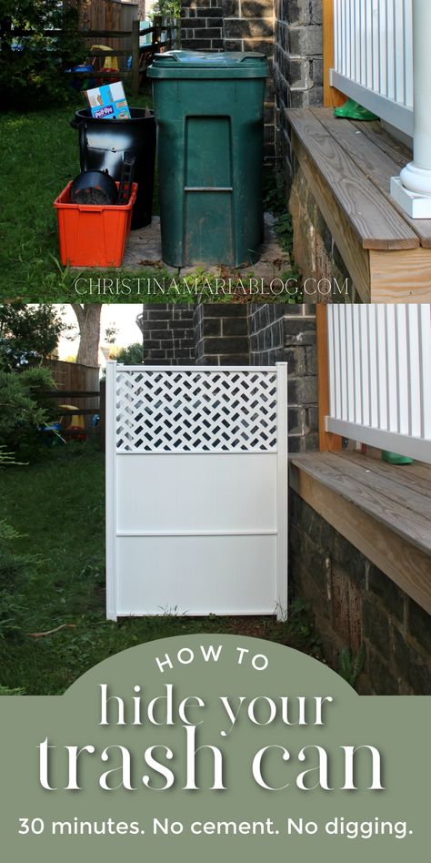 How to hide your trash can – in 30 minutes…with no hardware, no concrete, and no glue! Seriously easy DIY project that really helps your curb appeal. How To Hide Trash Cans Outside Diy, Hide Garbage Cans Outside Diy, Trash Can Outdoor Hidden, Ways To Hide Garbage Cans Outside, Outdoor Trash Can Hideaway Diy, How To Hide Outdoor Garbage Cans, Diy Outdoor Trash Can Enclosure, Hide Trash Cans Outside Diy, Hidden Trash Can Outdoor