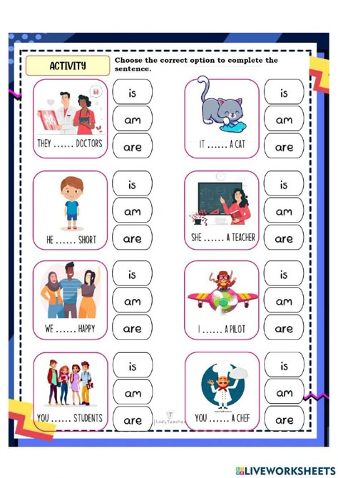 Ficha interactiva de Verb to be para beginners. Puedes hacer los ejercicios online o descargar la ficha como pdf. Is Am Are Worksheets, Verbo To Be, Verb To Be, English Grammar Exercises, English Grammar For Kids, English Worksheets For Kindergarten, Grammar For Kids, Personal Pronouns, English Activities For Kids