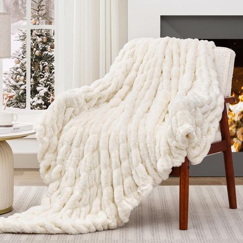 PRICES MAY VARY. Luxurious Comfort and Design: Experience exceptional comfort with our faux fur blanket, featuring 500 GSM ruched faux rabbit fur on the outer side and 200 GSM ultra-soft flat inner side. The unique ruched design adds a touch of elegance and visual interest, making it a beautiful addition to room. Its plush texture provides a velvety feel that's irresistibly soft to the touch Warmth and Thickness: Our faux fur throw blanket is designed to provide cozy warmth without being overly Throw Blanket On Bed White, Soft White Blankets, White Big Blanket, Thick Throw Blanket, White Throw Blanket, Faux Fur Throw Blanket, Fluffy Blankets, Faux Fur Blanket, White Throws