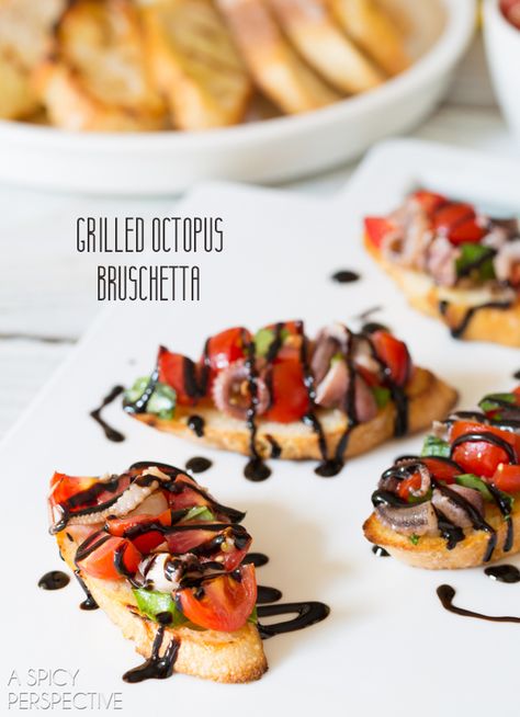 Grilled Octopus Bruschetta #italian #bruschetta Festive Kitchen, Italian Bruschetta, Lighter Recipes, Southern Tomato Pie, Italian Snacks, Tomato Pie Recipe, A Spicy Perspective, Weeknight Recipes, Grilled Octopus