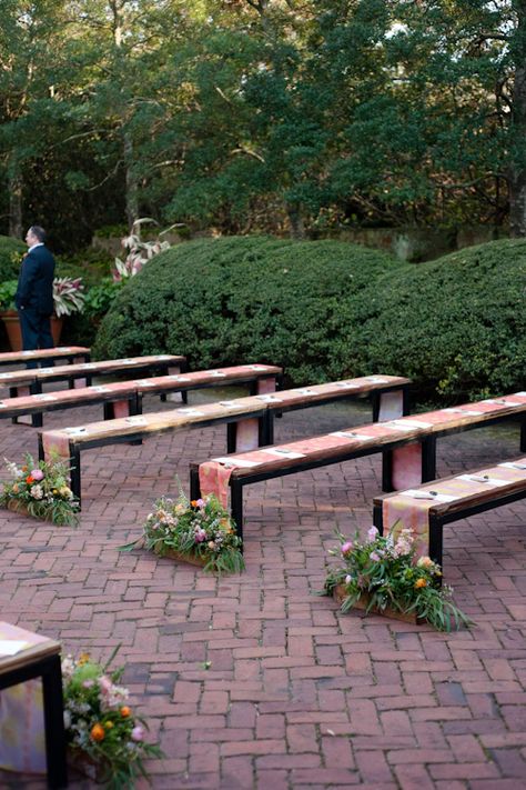 Beautiful benches for wedding ceremony in Scarbrough Garden Wedding Ceremony Benches Decor, Wedding Aisle Decorations Outdoor Benches, Wedding Benches Seating Outdoor Ceremony, Benches For Wedding, Wedding Ceremony Benches, Wedding Bench Seating, Wedding Benches, Wedding Bench, Wedding Fest