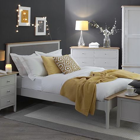 Hampshire Ivory Painted Oak 5ft King Size Bed Frame Mustard And Grey Bedroom, Mustard Bedroom, Bedroom Furniture Uk, Mustard And Grey, Yellow Bedroom Decor, Grey Bedroom Decor, Oak Bedroom Furniture, Oak Bedroom, Yellow Bedroom