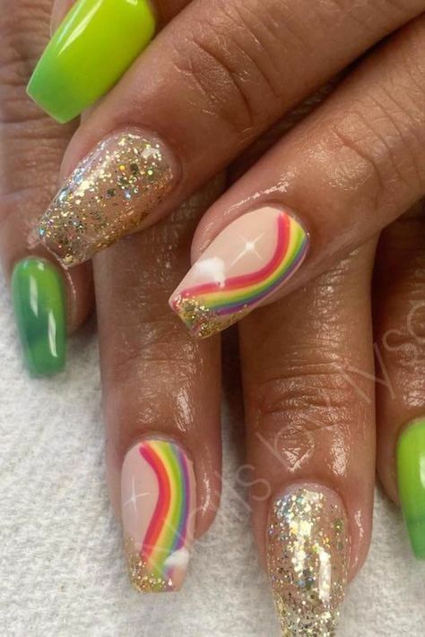 St Patricks Day Nails 2024, Pot Of Gold Nails, St. Patricks Day Nails, March Nails Colors, Saint Patrick’s Day Nails, Saint Patrick’s Day Nails Coffin, St Patrick Day Nails Acrylic, Saint Patrick Nail, Rainbow Nails Design