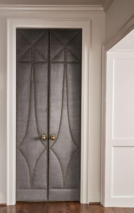 Upholstered Door Panel, Statement Interior Doors, Leather Doors Design, Unique Interior Doors, Upholstered Door, Upholstered Doors, Unique Door Knobs, Leather Doors, Bi Fold Pantry Doors