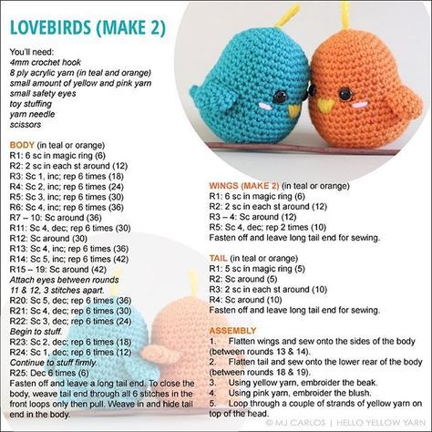 Here is the pattern for the lovebirds! The pattern and assembly instructions… Written Crochet Patterns, Crocheted Birds, Crocheted Owls, Diy Sy, Sensory Ideas, Confection Au Crochet, 4mm Crochet Hook, Crochet Plush, Crochet Birds