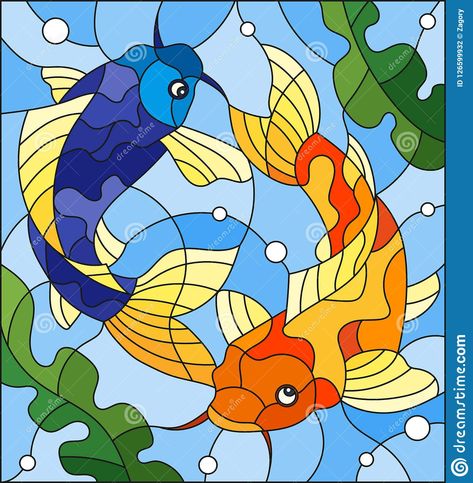 Water Stained Glass Patterns, Goldfish Stained Glass Pattern, Koi Fish Stained Glass Pattern, Koi Stained Glass Art, Stained Glass Illustration, Stained Glass Underwater, Glass Illustration, Art Mini Toile, Painted Glass Vases