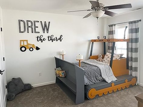 Check out this photo from Kate Mercker Excavator Bedroom, Excavator Bed, Construction Themed Bedroom, Construction Bed, Bed Construction, Little Boys Bedroom, Truck Bedroom, Construction Bedding, Cat Equipment