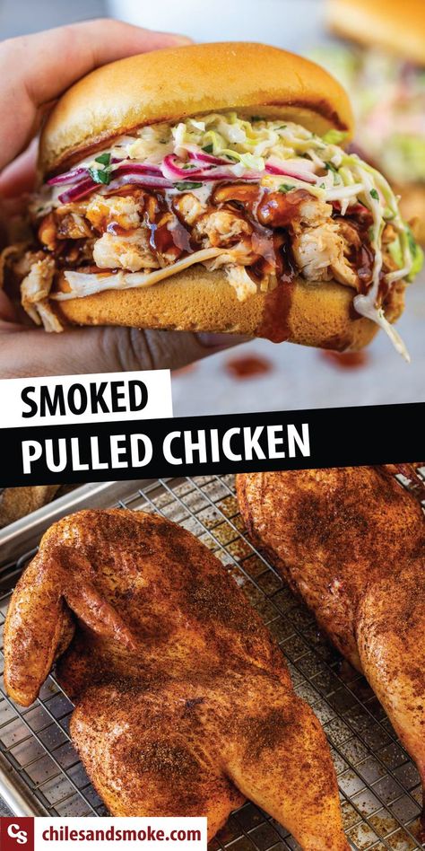 Pulled Chicken Smoker, Slaw For Pulled Chicken Sandwiches, Traeger Pulled Chicken, Pulled Smoked Chicken Recipes, Smoked Chicken Sandwich Recipe, Mission Bbq Pulled Chicken Recipe, Smoked Chicken Sliders, Smoked Sandwiches, Bar B Que Chicken Recipes