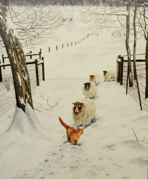 Joan Arnold Sheep Art, Winter Illustration, Winter Painting, Winter Scenery, Naive Art, Winter Art, Christmas Illustration, Orange Cat, Photo Images