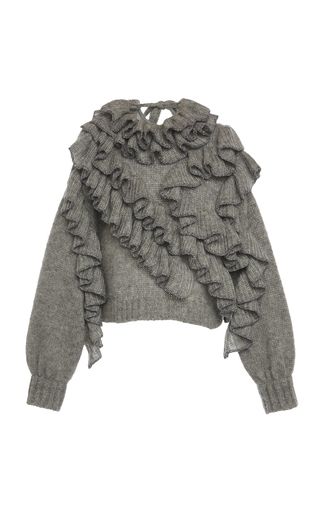 Shop Superkid Ruffled Knit Mohair Blend Sweater. Alberta Ferretti's 'Superkid' ruffled knit mohair-blend sweater exhibits long sleeves and tiered ruffle throughout the garment. Metallic Pants, Suede Pants, Ruffle Sweater, Tulle Gown, Silk Gown, Stripe Silk, Alberta Ferretti, Jodhpur, Cotton Velvet