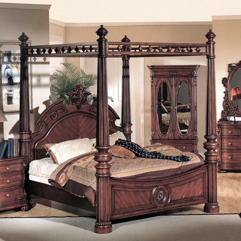 Found it at Wayfair - Melbourne Queen Canopy Bed Elegant Traditional Bedroom, Canopy Bedroom Sets, Queen Canopy Bed, King Size Bedroom Sets, Antique Bedroom Furniture, Wooden Bedroom Furniture, Wood Bedroom Sets, Canopy Bedroom, King Sized Bedroom