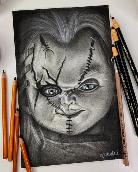 Audrii Jimenez charcoal pencil drawing, horriw movie fan art, chucky doll Sketches Ghost, Chucky Drawing, Charcoal Sketches, Movie Fan Art, Charcoal Artwork, Chucky Doll, Ghost Tattoo, Charcoal Pencil, Want To Draw