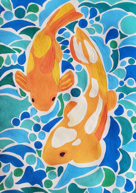 Drawing With Guash Easy, Patchwork Painting On Canvas, Guash Painting Ideas Easy, Summery Paintings Easy, Simple Koi Fish Painting, Guache Art Gouache Painting Easy, Digital Art Ideas Easy, Gouache Ideas Easy, Painting With Gouache Easy