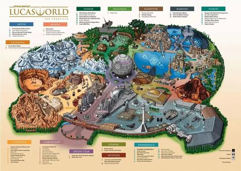 Is this Star Wars Lucas World theme park map fake or leaked? Find out what we know about the new Star Wars Land Disney park expansions. Theme Park Planning, Theme Park Map, Disneysea Tokyo, Park Outfit, Park Aesthetic, Planet Coaster, Historia Universal, Star Wars Disney, Parc D'attraction