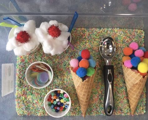 Ice Cream Sensory Table, Candy Sensory Bin, Baking Sensory Bin, Birthday Sensory Bin, Ice Cream Sensory Bin, Ice Cream Sensory, Summer Preschool Themes, Diy Sensory Board, Toddler Sensory Bins