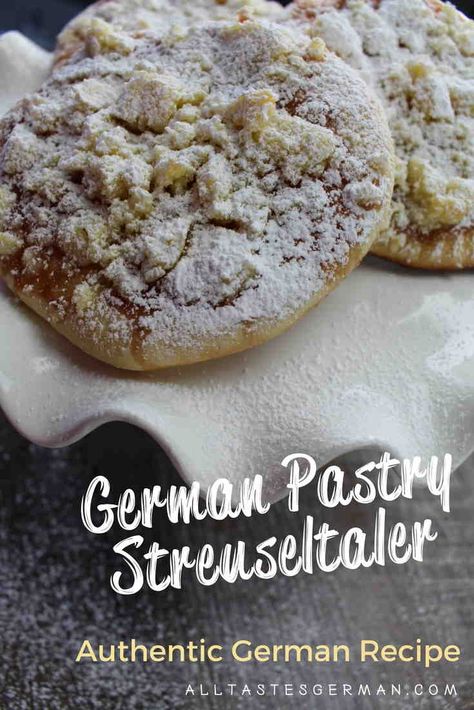 Learn how to make a German pastry recipe called Streuseltaler. The name of the pastry is inspired by the round shape of the Taler or in English called thaler. The thaler was a silver coin used throughout Europe for almost four hundred years. Its name lives on in the currencies called dollar. #germancake #germanpastry #germandessert #streuselpastry #streuselcake European Baking Recipes, German Candy Recipes, German Food Recipes Dessert, German Pastry Recipes, German Recipes In English, German Easter Recipes, Switzerland Desserts, German Cookies Traditional, German Desserts Authentic