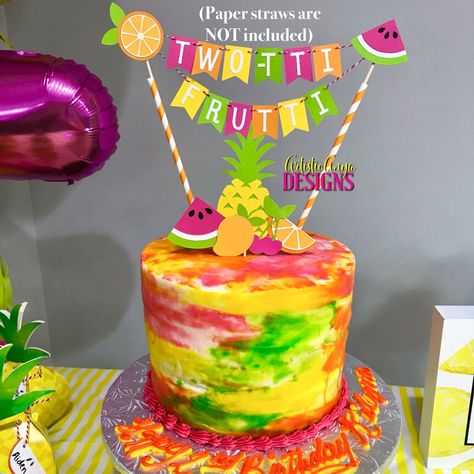 "This listing is for 1 Handmade TWO-tti Frutti Cake Bunting Topper with Fruit Cake Topper- (2 pc set) Tutti Frutti Birthday Smash Cake - Pink, Orange, Yellow, Lime Green  DETAILS 1 -TWO-tti Frutti Cake Bunting Topper (2\" tall) - Pink, Orange, Yellow, Lime Green Bunting (1.3\" tall) with White Lettering Bamboo Sticks Entire Cake BuntingTopper measures approximately 12\" high 1 -  Mixed Fruit Cake Topper (about 5\" tall)  This super cute TWO-TTI FRUTTI CAKE BUNTING TOPPER is perfect to decorate y Fruit Cake Topper, Bolo Picnic, Twotti Fruitti, Fruits Party, Luau Party Food, Twotti Fruity, Tutti Frutti Birthday Party, Fruit Birthday Party, Birthday Smash Cake