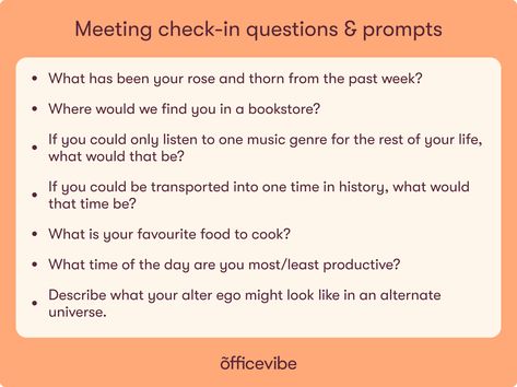 Check In Questions, Meeting Ice Breakers, Team Meeting Ideas, Team Meeting Agenda, Meeting Agenda, Icebreaker Activities, Funny Questions, Question Of The Day, You Better Work