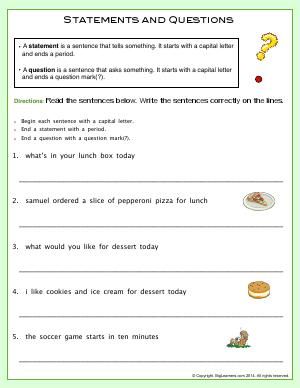 Worksheet | Statements and Questions | Practice writing statements and questions correctly. Question Worksheet For Grade 1, Asking Questions Worksheet, Statement And Question Worksheet, Commands And Exclamations, Question Words Worksheet, Exclamatory Sentences Worksheet, Teaching Statement, Comparative Adjectives Worksheet, Adjectives Worksheet