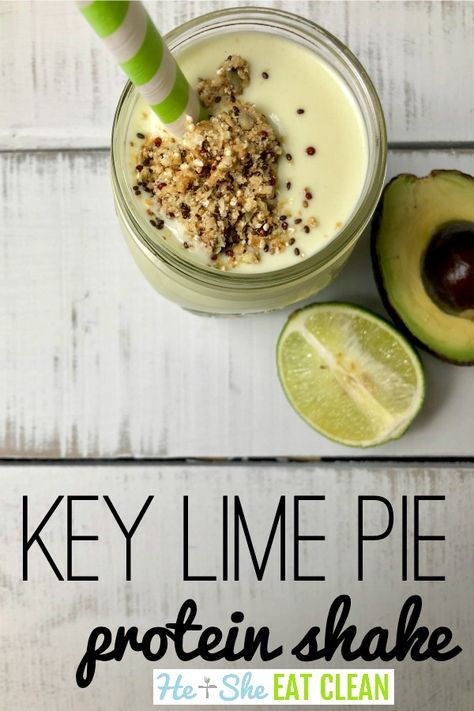 Need a sweet treat without the sugar? How about Key Lime Pie? This Key Lime Pie Protein Shake is exactly what you need! #eatclean #protein #shake #smoothie #recipe #heandsheeatclean Key Lime Protein Shake, Key Lime Pie Shake, Protein Shake For Breakfast, Oatmeal Protein Shake, Breakfast Clean Eating, Clean Drinks, Breakfast Shakes Protein, Clean Eating Recipe, Weight Watcher Smoothies